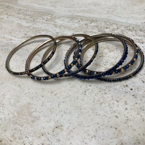 Six Sparkling Blue & Gold Beads With Gold Tone Bangles Women Bracelets Jewelry